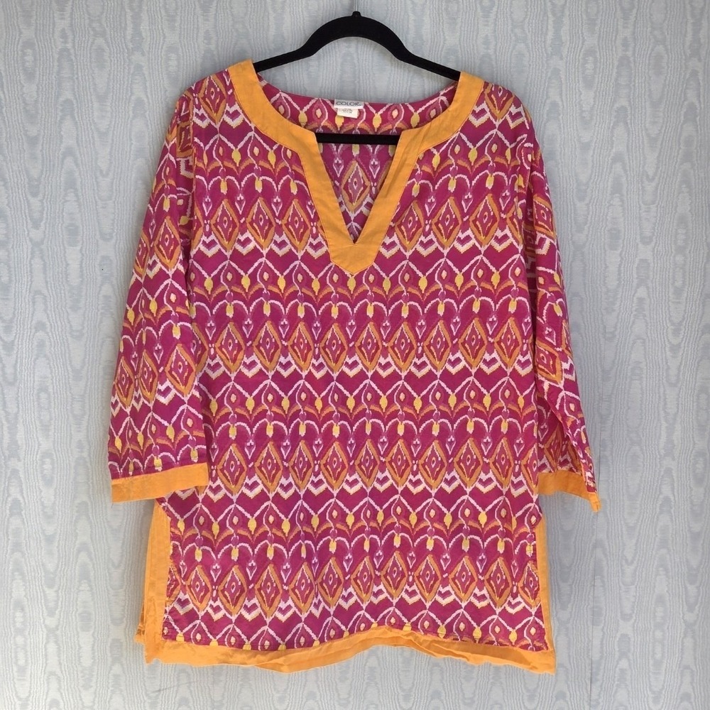 All For Color Blouse Women's L 100% Cotton Ikat Boho Pink Orange 3/4 Sleeve